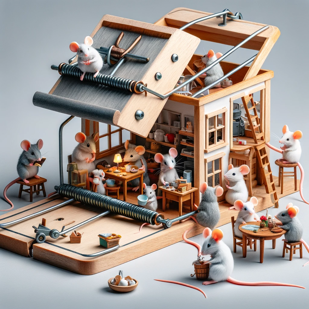 DALL·E 2023-12-28 15.22.51 - A whimsical scene of a doll house built like a mouse trap, with mice performing various household tasks. The doll house is creatively designed to rese